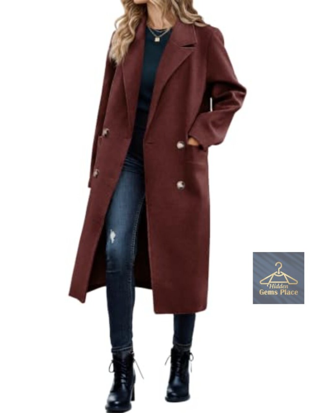 Women Double Breasted Pea Coat Long Trench Coat Work Office Overcoat with